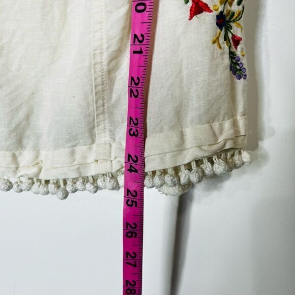 Moulinette Soeurs Anthropologie White Cotton Floral Embroidered Top Pom Tassels - Picture 6 of 10
